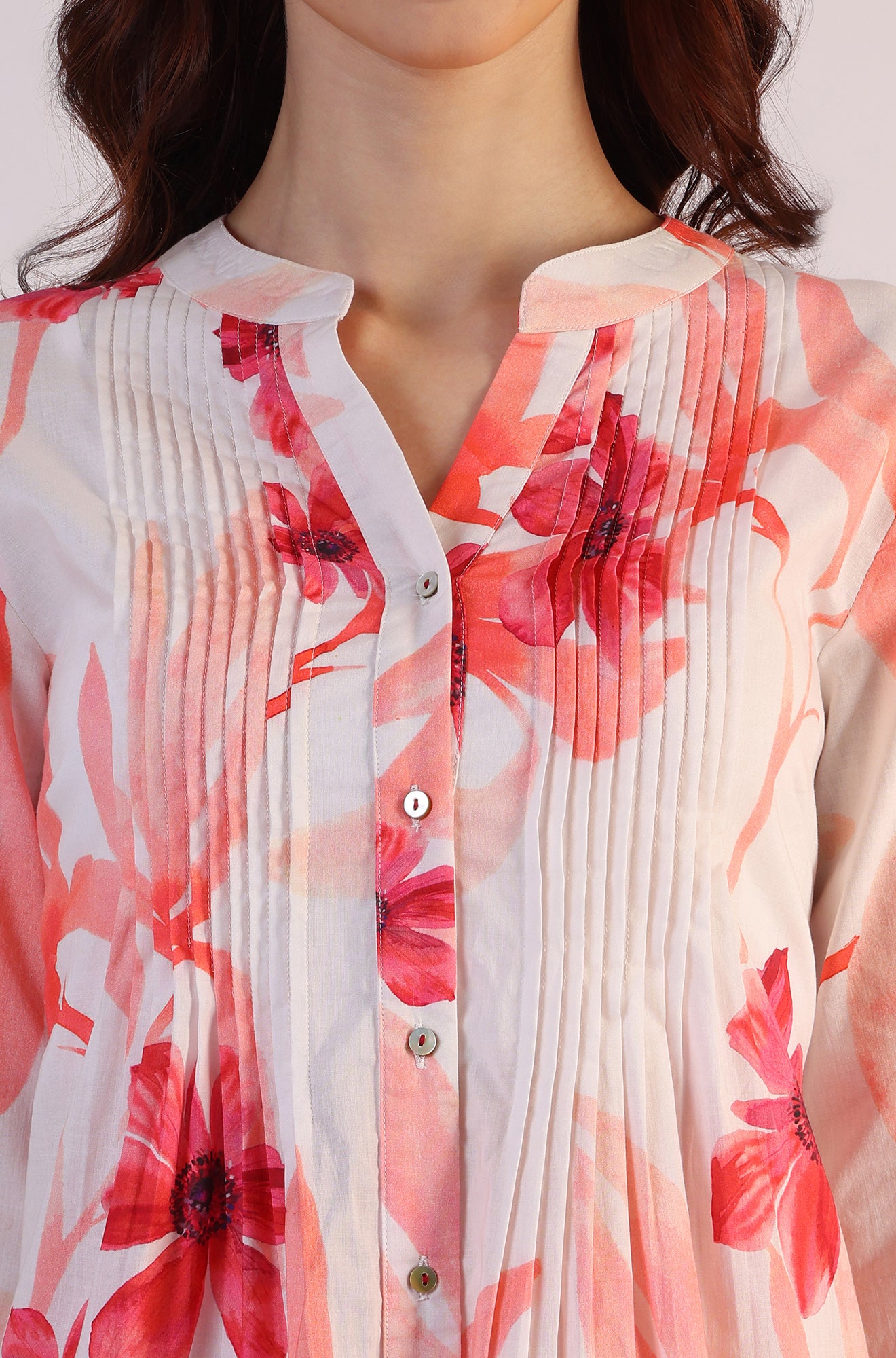 White Bold Floral Printed Pure Cotton Tunic and Straight Pants Co-ord Set - Image 7