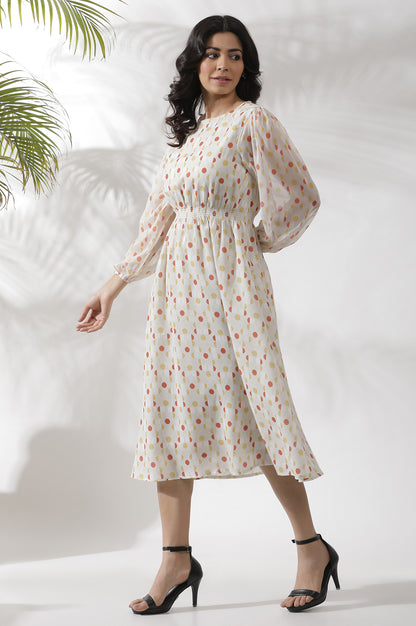 White Polka Dot Printed Gathered Western Dress - Image 5
