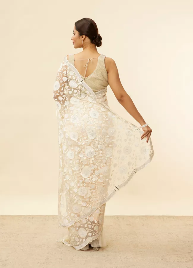 Ivory Cream Bel Buti Patterned Mirror and Stone Work Saree - Image 4