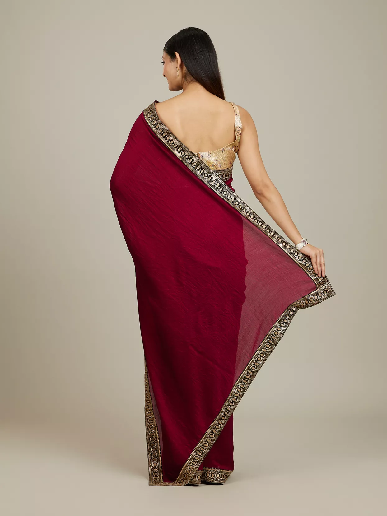 Rose Red Embroidered Border Saree - Image 4