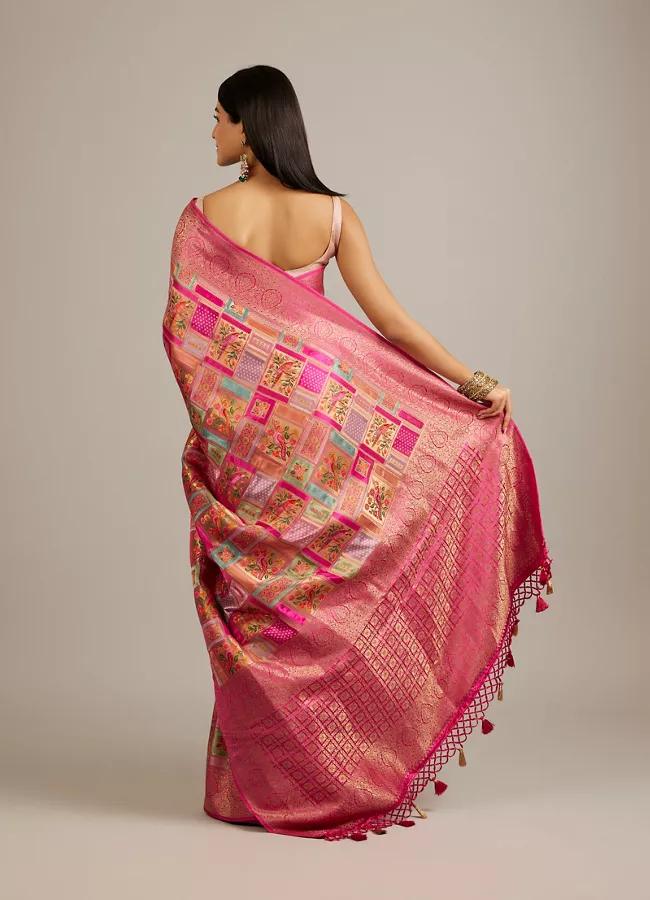 Rani Pink Grid Patterned Saree with Peacock Motifs - Image 4