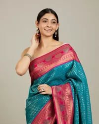 Rama Green Buta Patterned Saree with Floral Leaf Border - Image 5